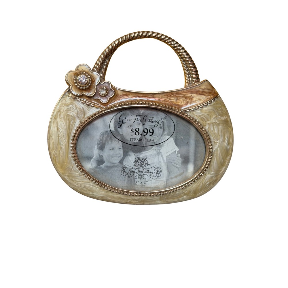 Green Tree Gallery Purse Picture Frame Gold Cream Floral Rhinestone 3x2 131144